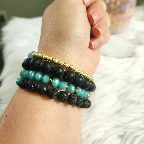 NWT Ryze Natural Stone Larimar & Lava Rock Beaded Staxx Bracelets - Set of 4 - Picture 8 of 8